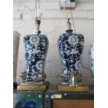 A pair of 20th Century Chinese blue patterned lamps