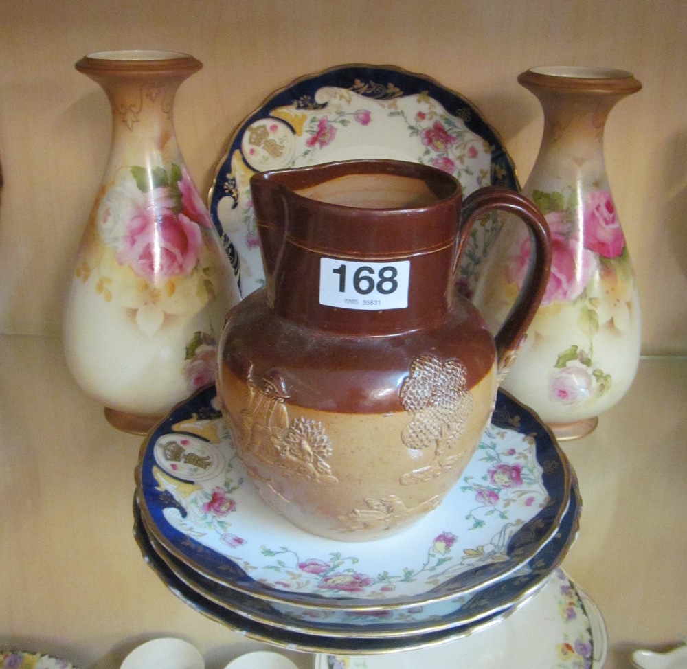 Some Crown Staffordshire plates, pair of Crownford floral vases and Doulton jug