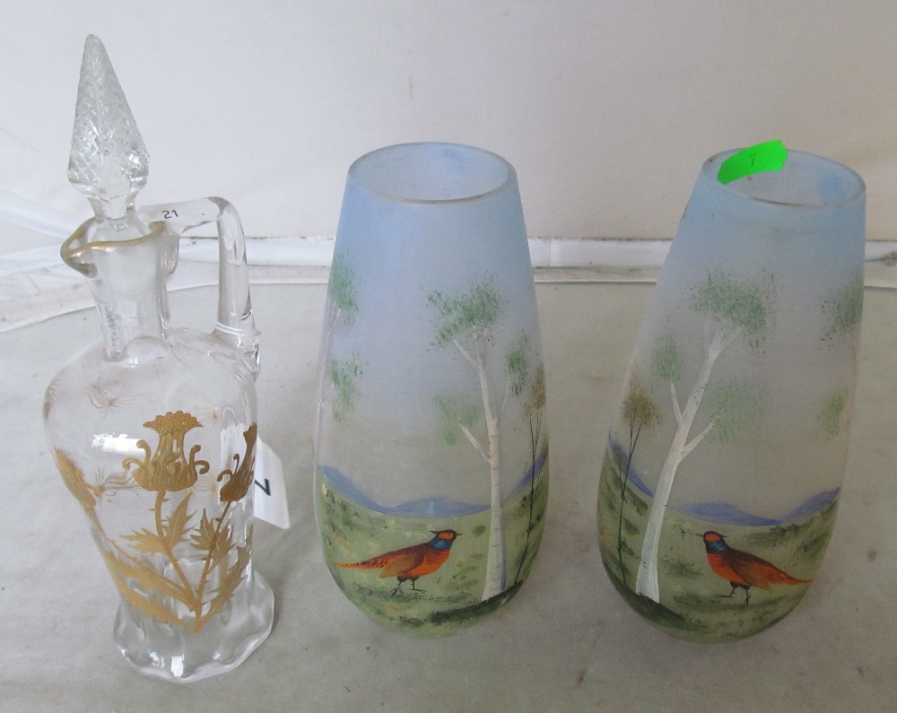 A pair glass vases and a gilt glass decanter