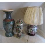 An oriental table lamp and 2 vases s/a/f