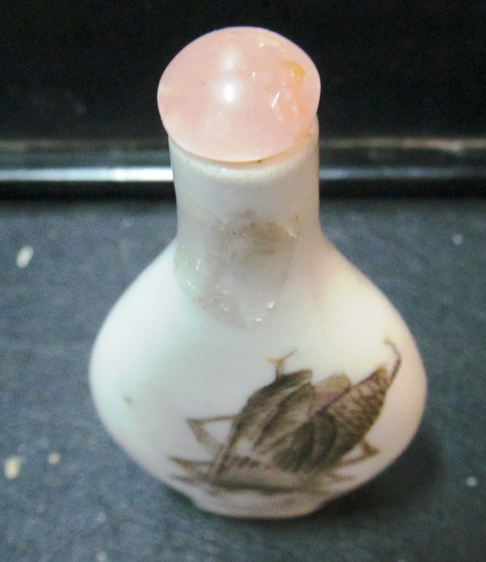 Five oriental scent bottles one with insect (cockroach?) and applied seal, one with figures, a - Image 13 of 26