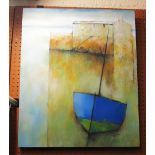 M.J. Praed - oil 'Blue Boat, Green Harbour'