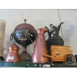 A copper and brass Samovar, copper jug, lidded copper jug, pair of metal urns and a musical box