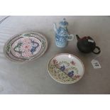 A plate with dragon design, small hot water jug, dish and pottery teapot