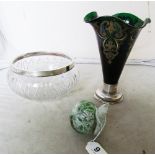 A glass bowl with silver rim, paperweight and glass vase with fluted top (snail (s/a/f)