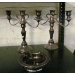 A pair of plated three branch candelabra and a small group other plated items