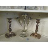 A pair of Sheffield plated telescopic candlesticks Mortons patent (rubbed), an epergne and shell