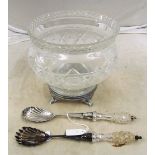 A Victorian glass salad bowl (a/f) on plated stand and a pair of silver and glass salad servers