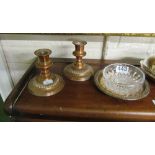 A silver-plated entree dish, pair candlesticks and butter dish