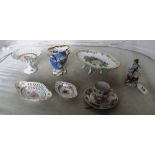 A Dresden small pierced edge dish decorated flowers, Dresden cup and saucer and other decorative