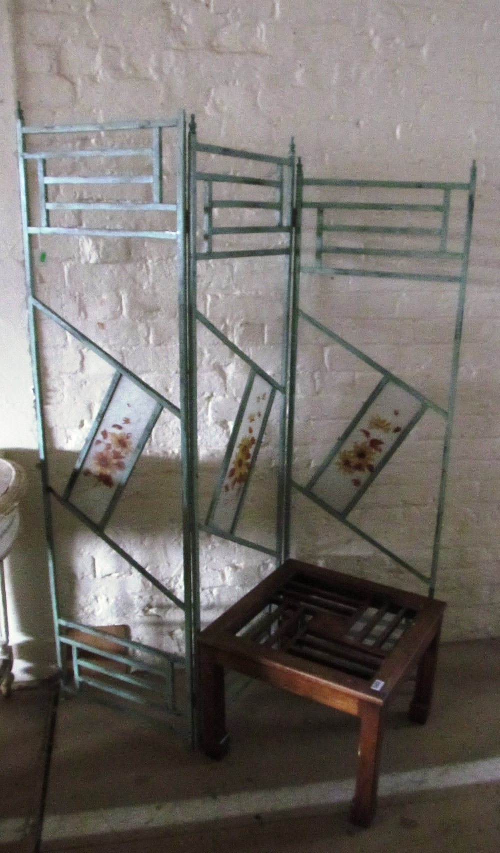 An Oriental square topped occasional table (no glass) and green painted screen