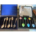 A set of six silver and enamel coffee spoons (i.c), five silver spoons (i.c) and a silver lidded