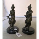 Two bronze figures ladies on marble bases