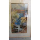 James Burrell-Smith - a small watercolour bridge over river in alpine setting monogrammed JBS