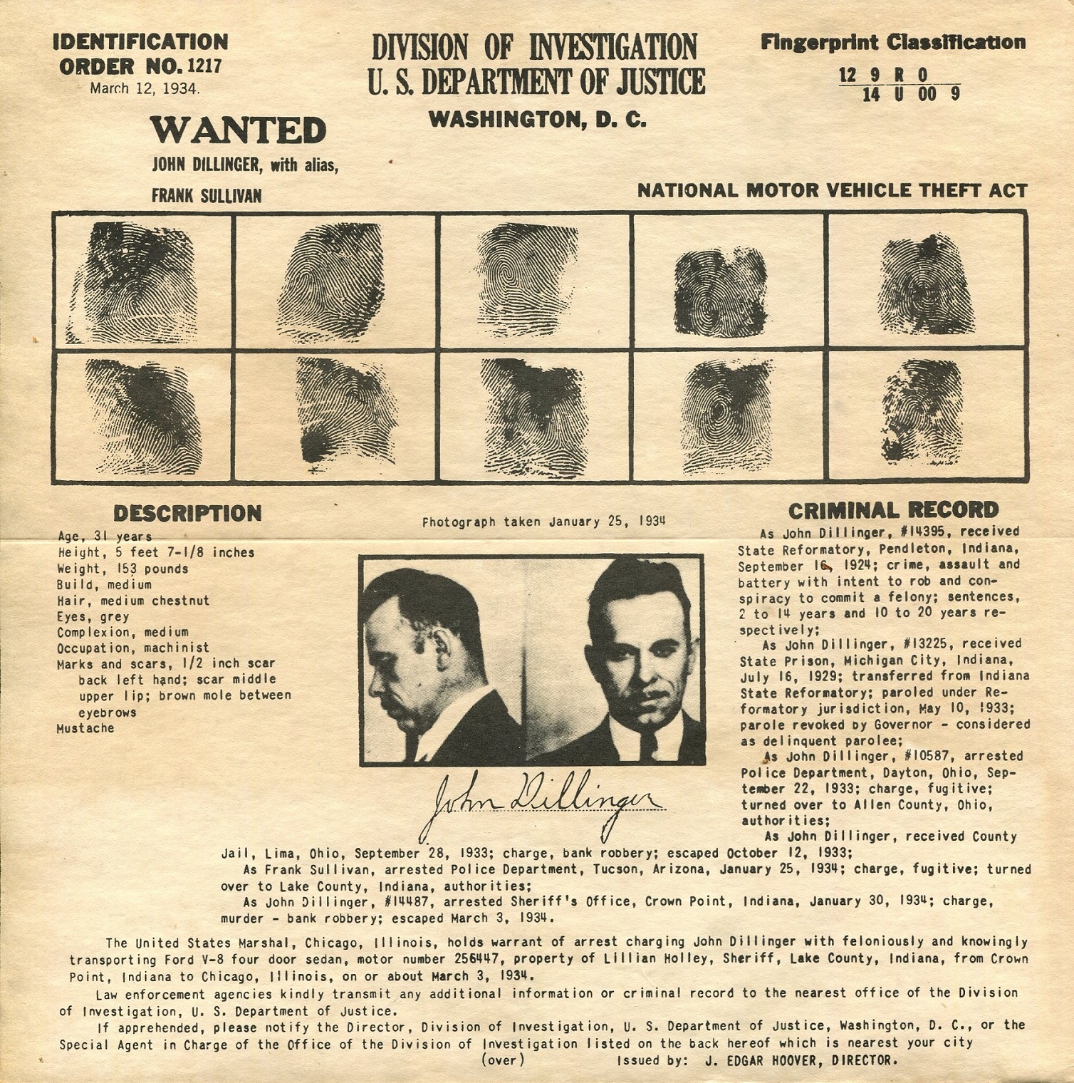 [DILLINGER JOHN]: (1903-1934) American Bank Robber.