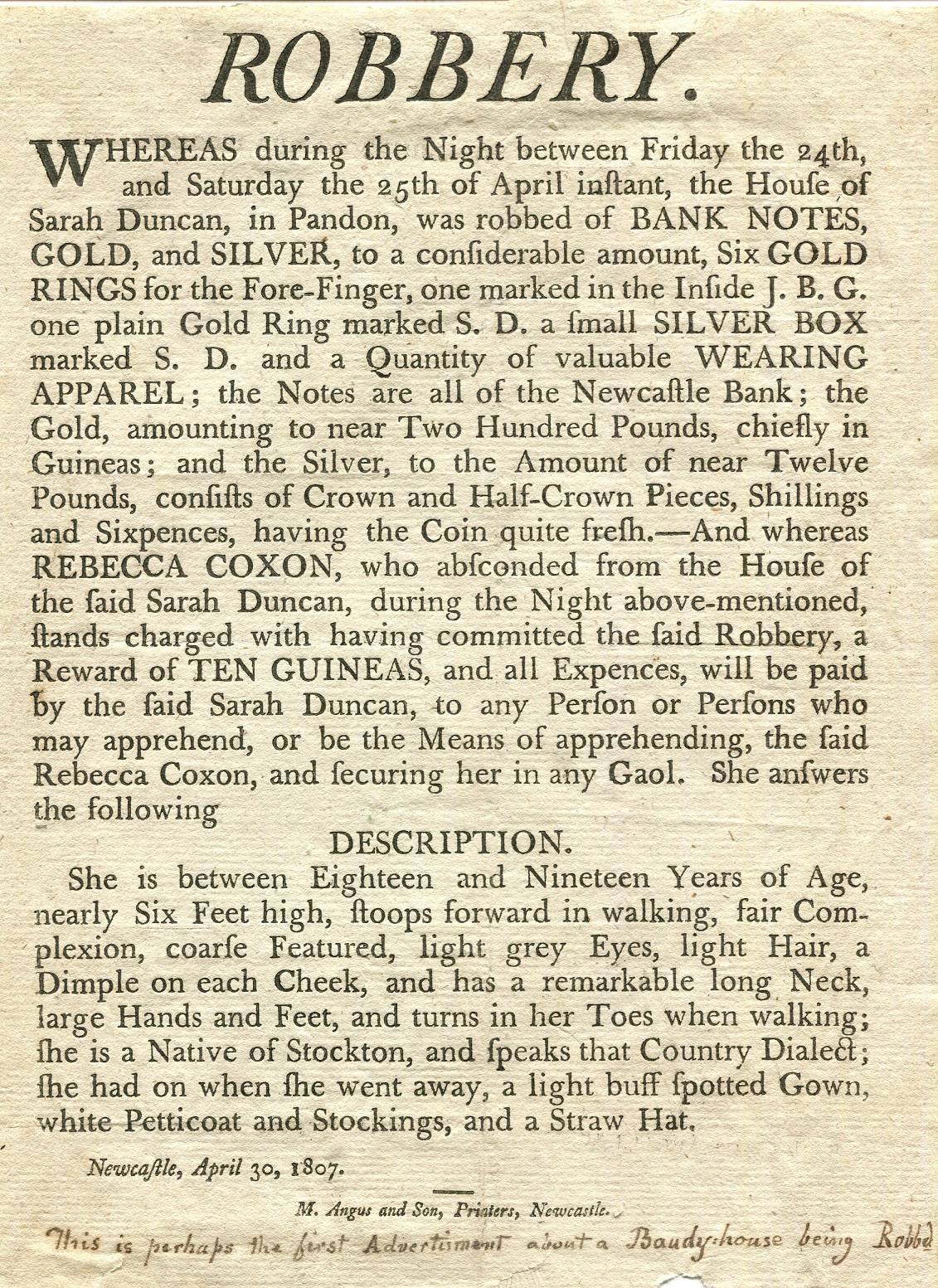 [CRIME]: A printed broadside entitled Robbery, one page, small 4to, Newcastle, 30th April 1807.