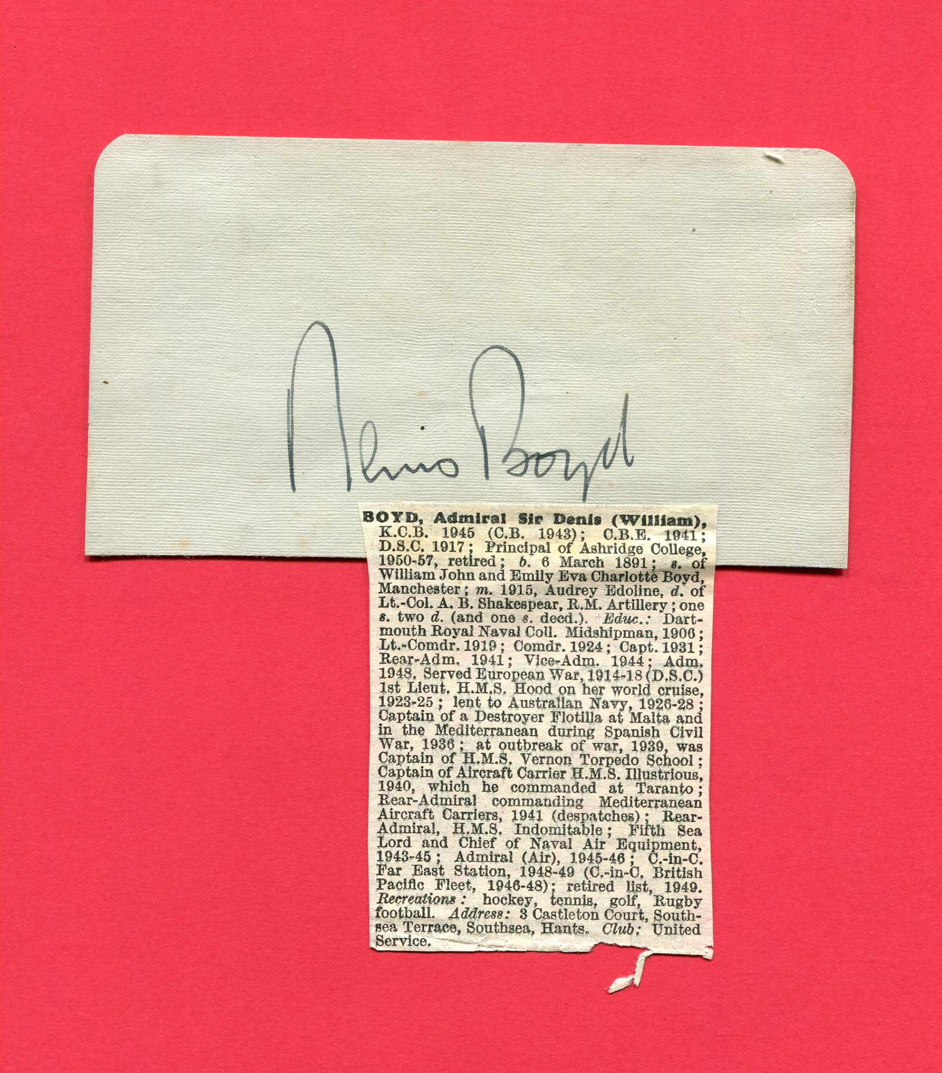 BRITISH NAVY: Small selection of signed clipped pieces, cards, a few letters etc. - Image 4 of 9