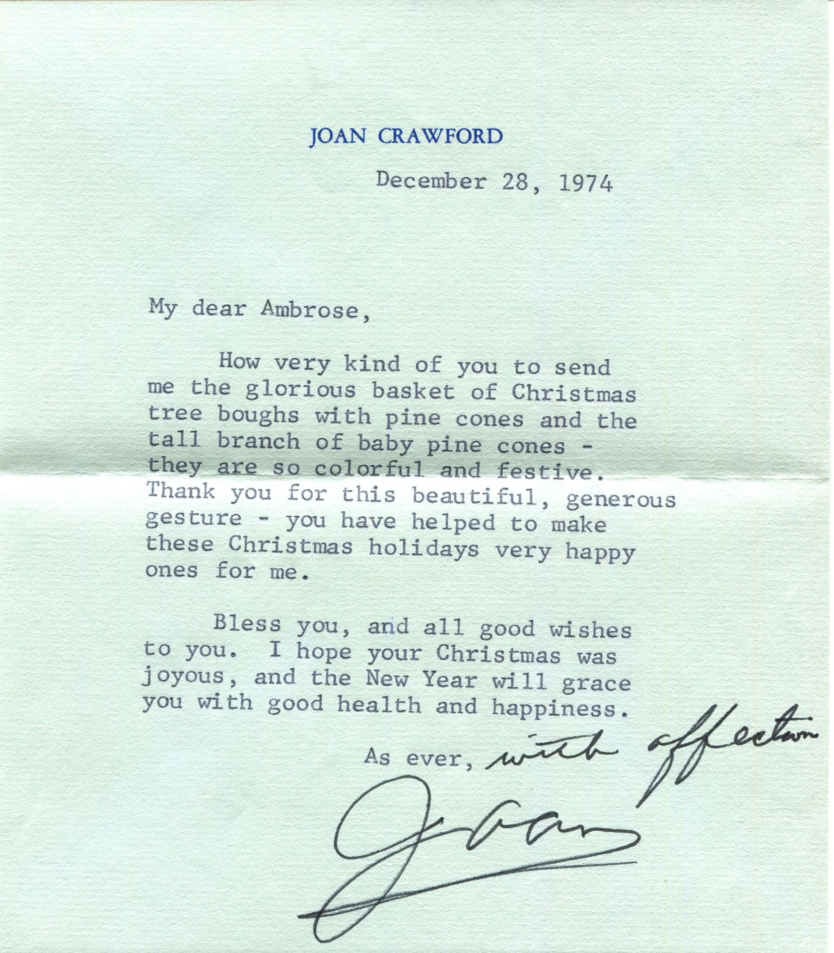 CRAWFORD JOAN: (1905-1977) American actress, Academy Award winner. T.L.S., Joan, one page, 8vo, n.p. - Bild 3 aus 4