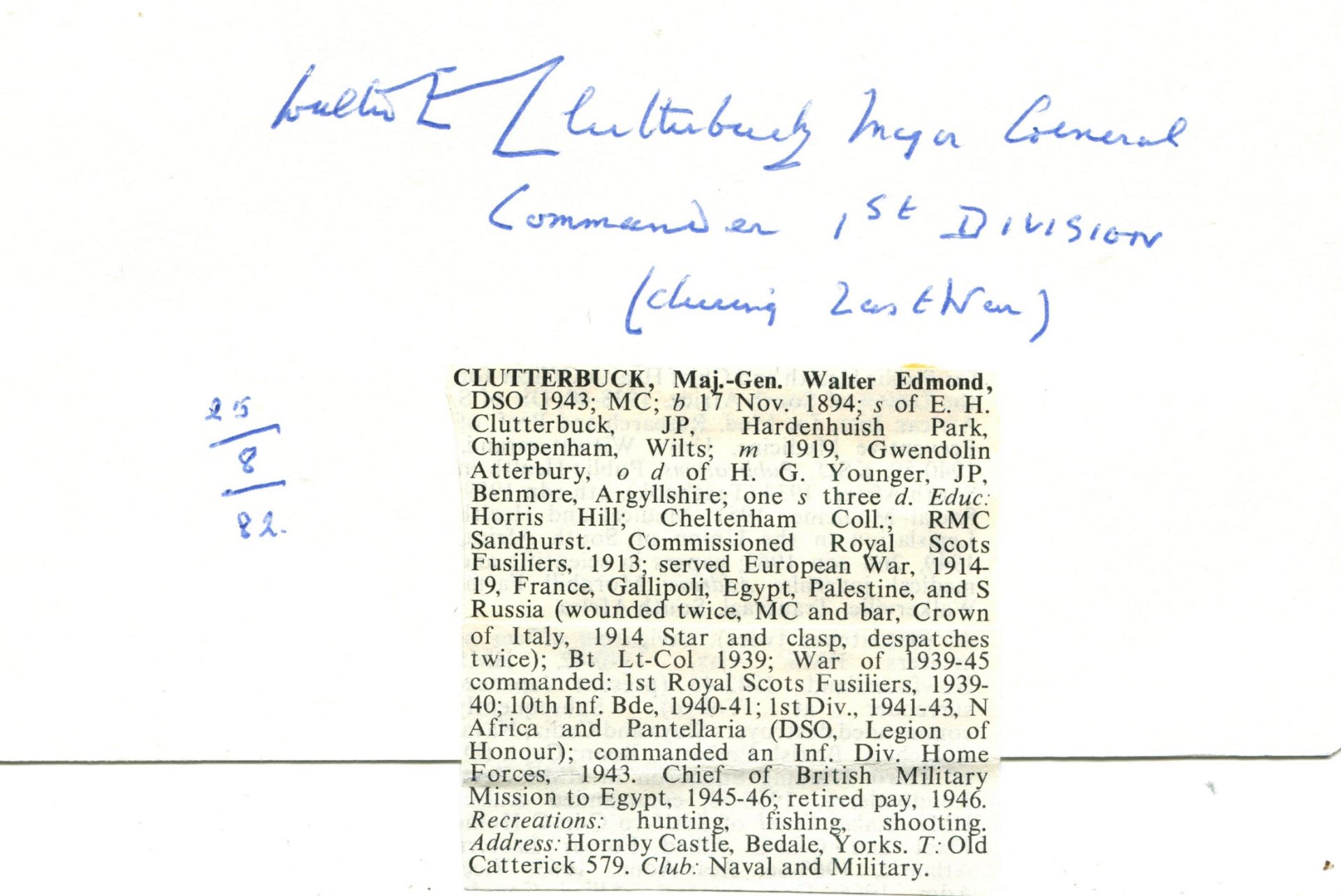 BRITISH ARMY: Small selection of signed clipped pieces, cards, A.L.S. (2), signed cover (1) etc. - Image 3 of 7
