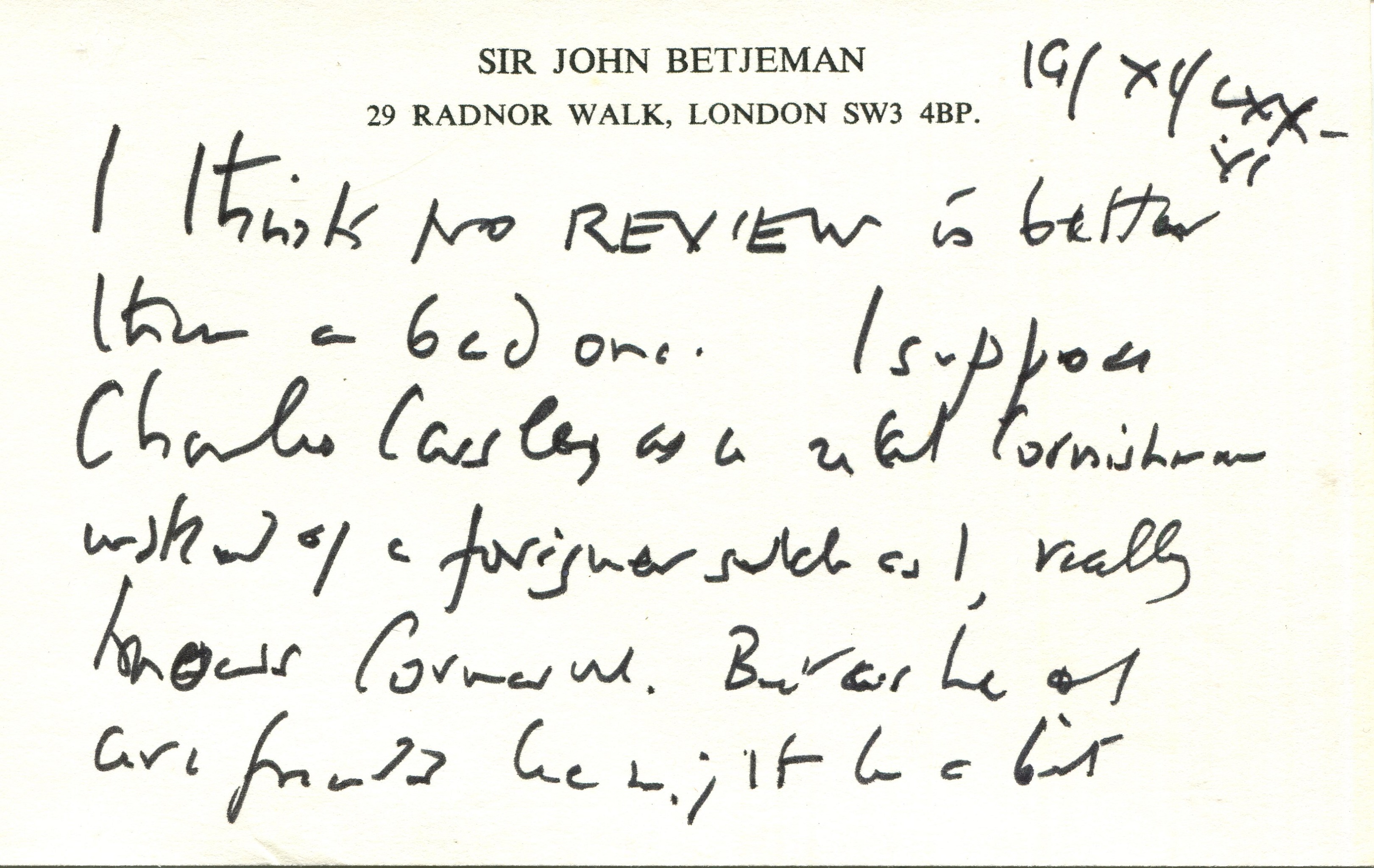 BETJEMAN JOHN: (1906-1984) English Poet Laureate 1972-84. A.L.S., with his initials J. B.