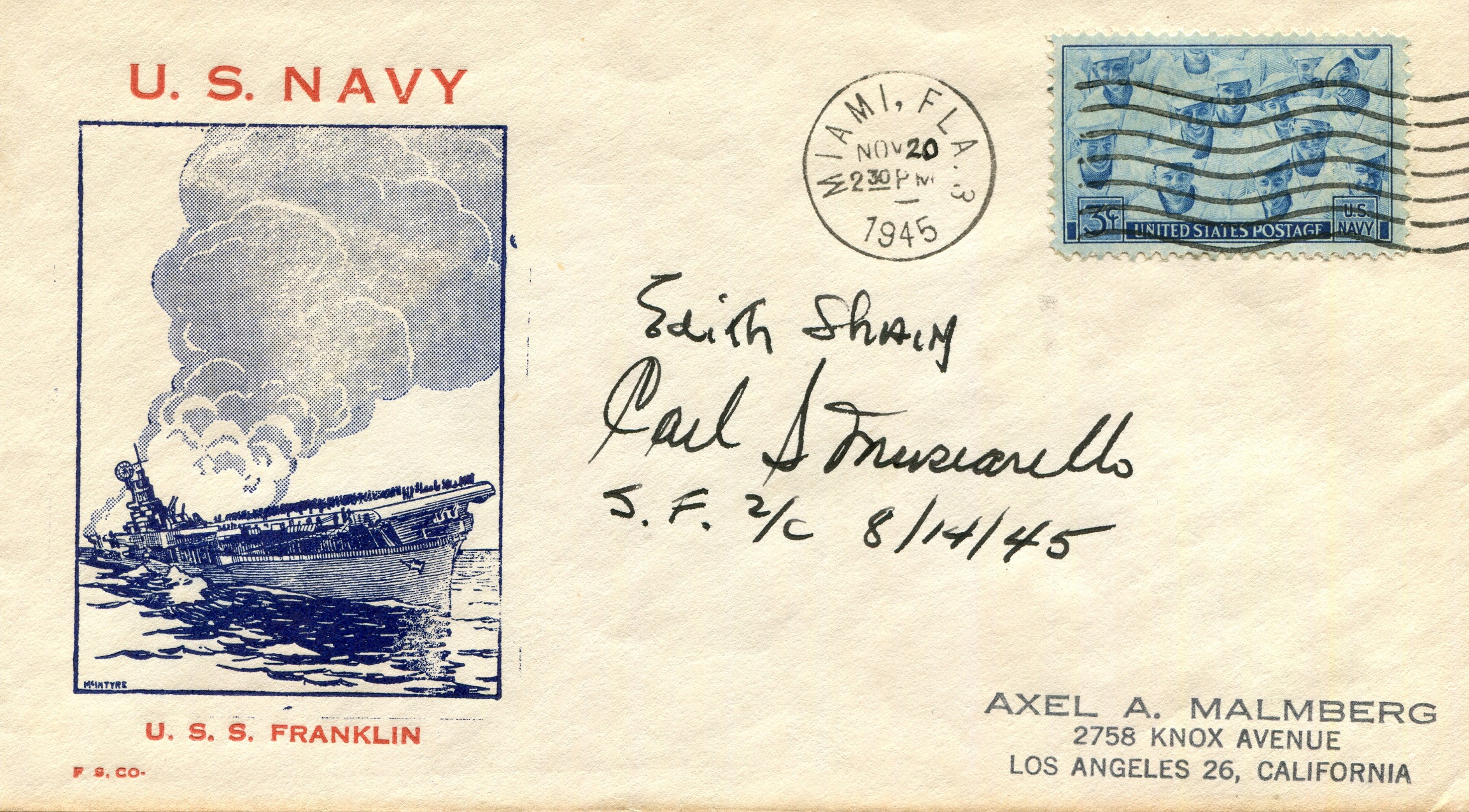 [VJ DAY KISS]: A vintage United States Navy commemorative cover issued in honour of the U.S.S.