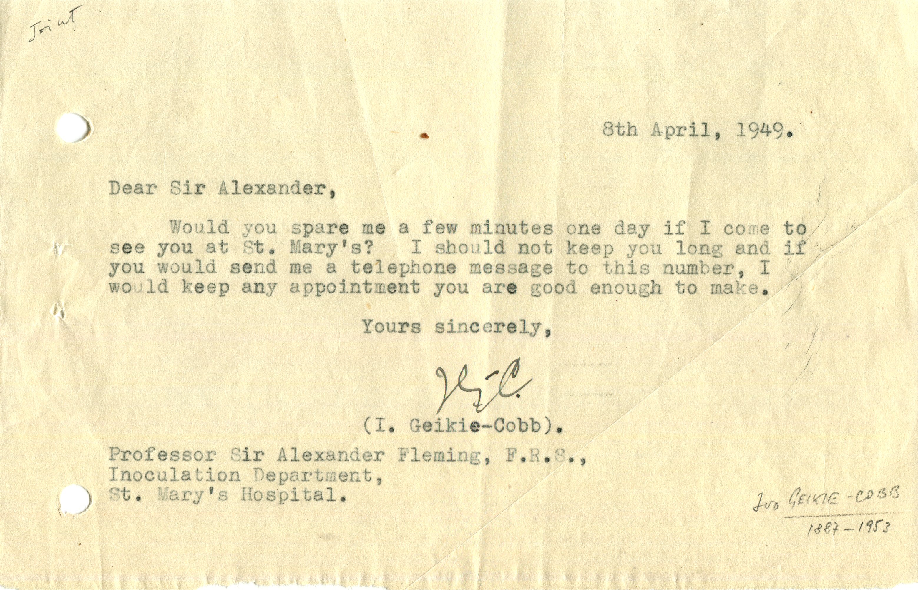 FLEMING ALEXANDER: (1881-1955) Scottish biologist, Nobel Prize winner for Physiology or Medicine, - Image 2 of 2
