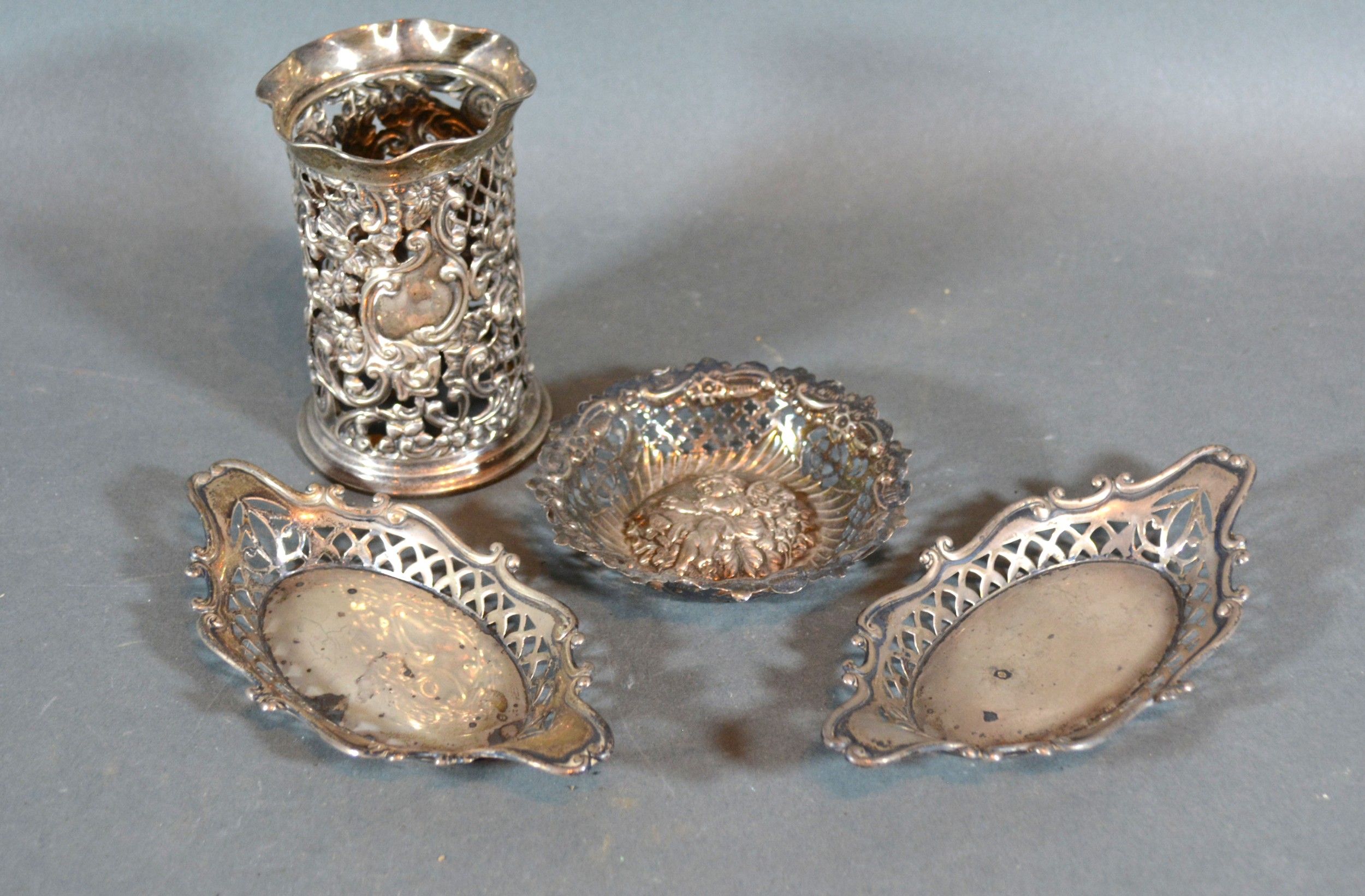 A Birmingham Silver Small Bowl with embossed and pierced decoration together with a pair of