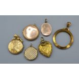 A 9ct Gold Pendant Locket of Heart Form, four other gold lockets and a 9ct gold pendant frame