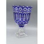 A Cut-Glass Blue Overlay Flower Vase with Square Pedestal Base 28cm tall