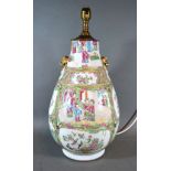 A 19th Century Canton Large Table Lamp decorated in polychrome enamels with figures amongst