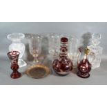 A Group of Three Glass Storm Vases together with a small collection of other glassware
