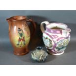 A Sunderland Lustre Commemorative Jug together with a Moorcroft squat vase and a Royal Doulton