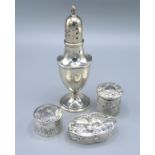 A Birmingham Silver Sugar Caster together with a London silver pin box decorated whispers, another