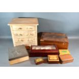 A Victorian Rosewood Works Box together with a collection of other boxes and a miniature chest of