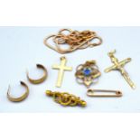 A 9ct Gold Crucifix Pendant together with a 9ct gold linked chain, a 9ct gold bar brooch, another