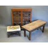 An Early 20th Century Mahogany Display Cabinet together with a rectangular stool and an oak