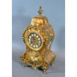 A 20th Century Lacquered Mantle Clock, the brass dial with ceramic Roman numerals hand painted