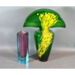 A Bohemian Iris Green Glass Vase with yellow decoration together with a Murano blue and pink glass