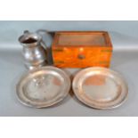 A Pair of Pewter Dishes, a pewter flagon and an oak box