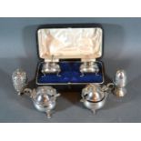 A Pair of Birmingham Silver Salts within fitted case together with two Sheffield silver mustards and