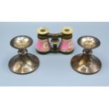 A Pair Of Birmingham Silver Dwarf Candlesticks together with a pair of enamel and mother of pearl