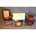 A George VI Oak Framed Coronation Stool together with a small foot stool, a book press, a Chinese