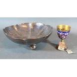 A Russian Silver and Enamel Decorated Spirit Goblet 8cms tall together with a white metal bowl of