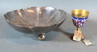 A Russian Silver and Enamel Decorated Spirit Goblet 8cms tall together with a white metal bowl of