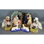A Pair of Staffordshire Dalmatian Inkwells together with four other Staffordshire style figure