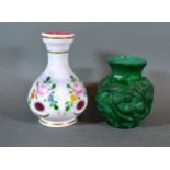 A Malachite Glass Small Vase by Ornela together with a small Bohemian cameo glass vase, 8 and 10 cms