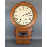 A Late 19th Century Walnut And Inlaid Drop Dial Wall Clock with two train movement 70 cms high