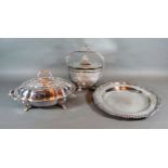 A Silver Plated and Cut Glass Biscuit Barrel together with an entree dish by Elkington and a