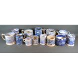 A Doulton Burslem Ware Willow Pattern Blue and White Large Mug together with twelve other similar