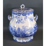 A Victorian Blue And White Decorated Large Covered Pail of bulbous form with side handles